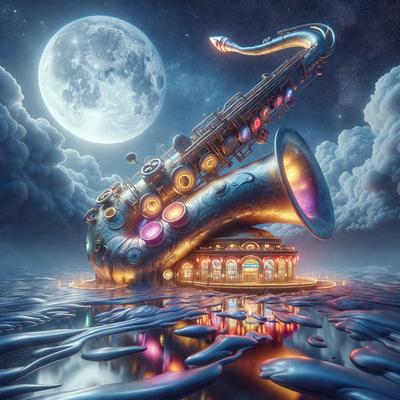 The primary subject of the image is a large, colorful, and intricately designed saxophone. The saxophone is situated in a surreal, dreamlike setting, with a moon and a star in the background. The visual style of the image is a combination of digital art and illustration, creating a whimsical and imaginative atmosphere. The dominant colors in the image are shades of blue, purple, and pink, which contribute to the overall mood of the scene.